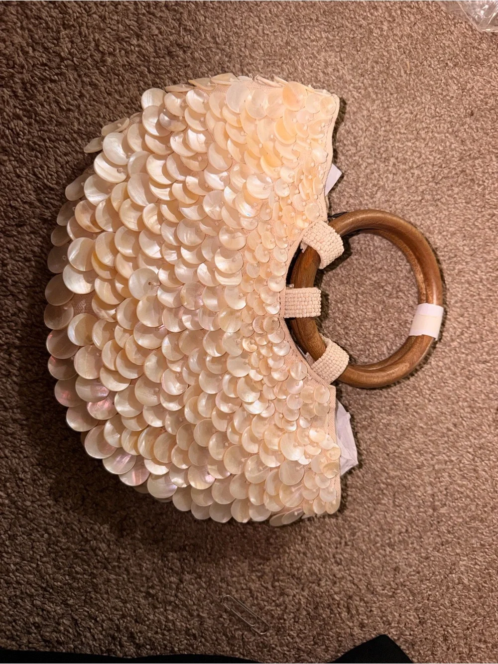 Zara Cream Sequin Circle-Handle Tote Bag